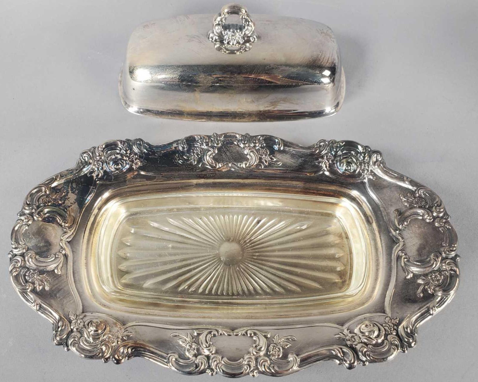 Silver on Copper Cream and Sugar w/Underplate and Towle Butter Dish