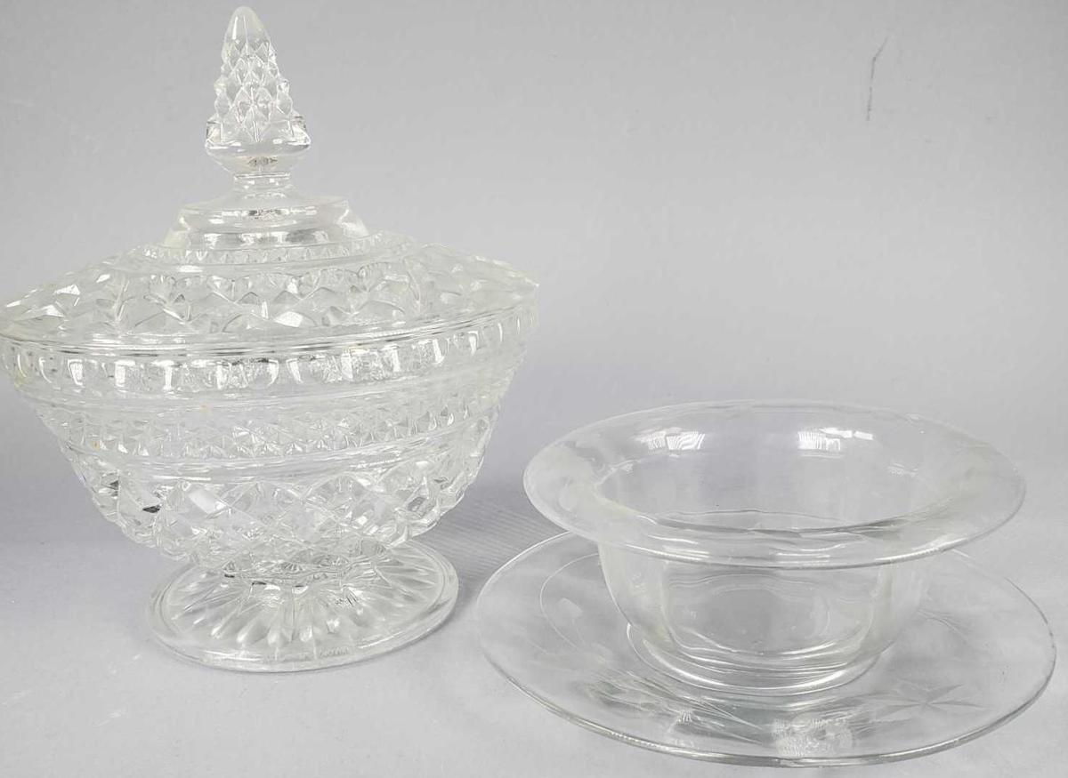 (1) Covered Footed Candy Dish and (1) Etched Crystal Lipped Bowl with Underplate