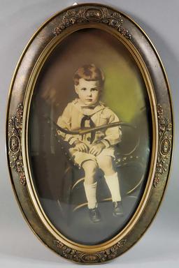 Antique Oval Bowed Glass Colored Photo of Boy