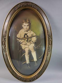 Antique Oval Bowed Glass Colored Photo of Boy