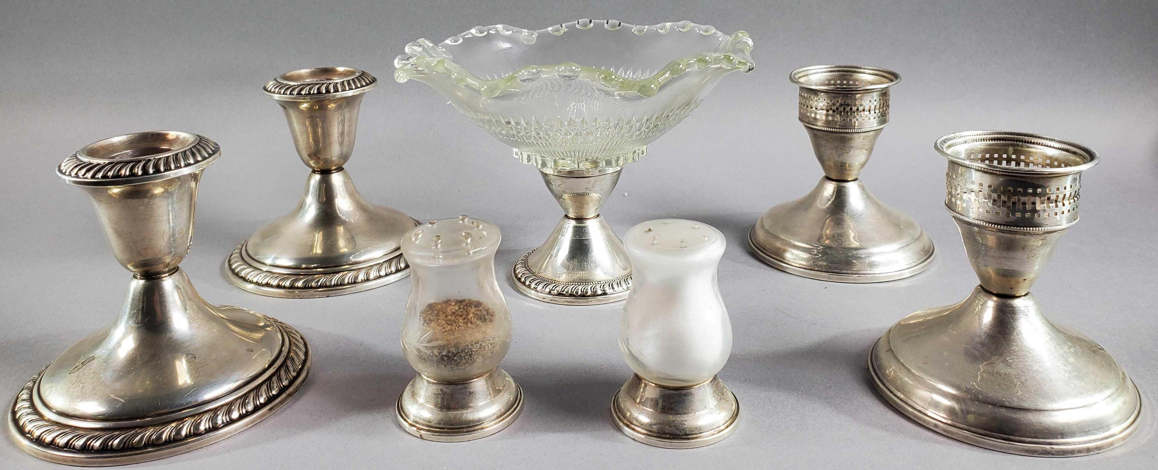 Assorted Sterling Silver: (2) pr. Candlesticks, (1) Footed Glass Bowl & (1) pr. Footed Salt & Pepper