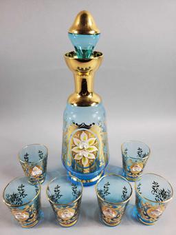 Vintage Mid-century Aqua Glass Handpainted Decanter & Cordial Set