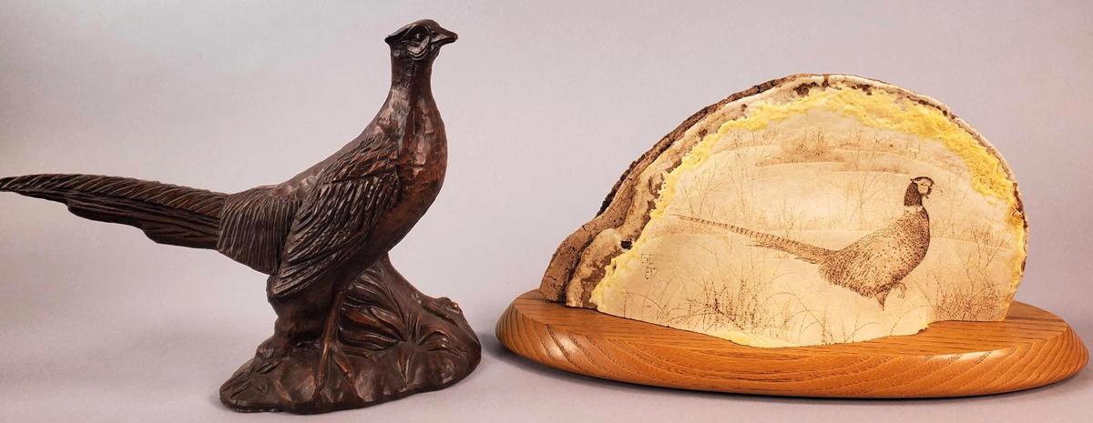 Pheasant Figurine and Carved Pheasant on Mushroom