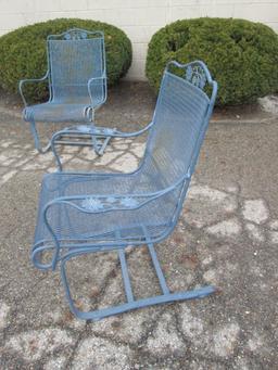 Pair Vintage Woodard Briarwood Wrought Iron High Back Spring Lounge Chairs