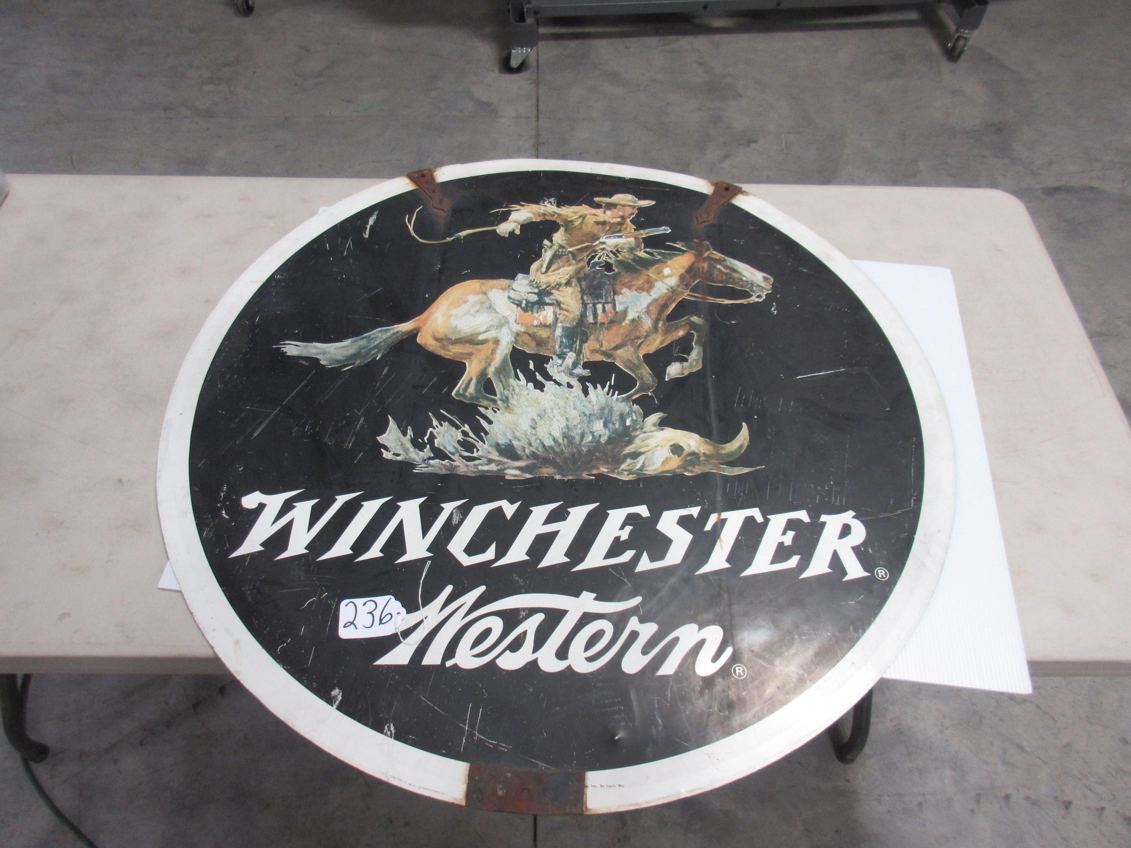 WINCHESTER TIN ADV. SIGN DOUBLE SIDED 38'' ROUND GREAT PIECE