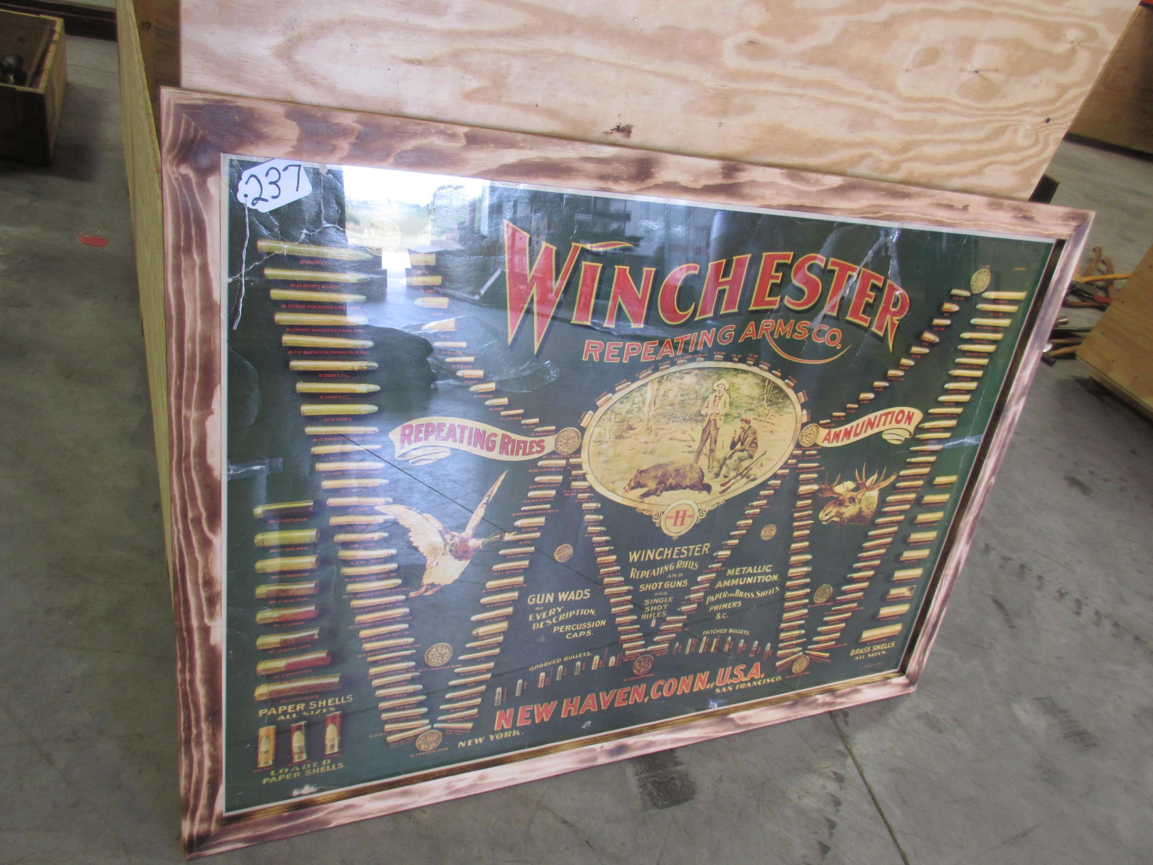 WINCHESTER AMO. ADV. 36'' X50'' IN NEW FRAME A GREAT OLDER PIECE HAS SOME SMALL TEARS