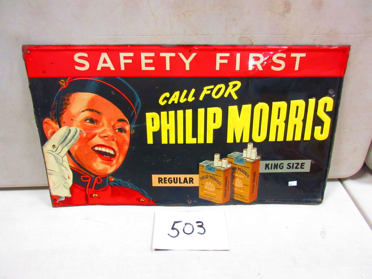 TIN PHILLIP MORRIS SAFETY FIRST CIGARETTES SIGN 15"X27"