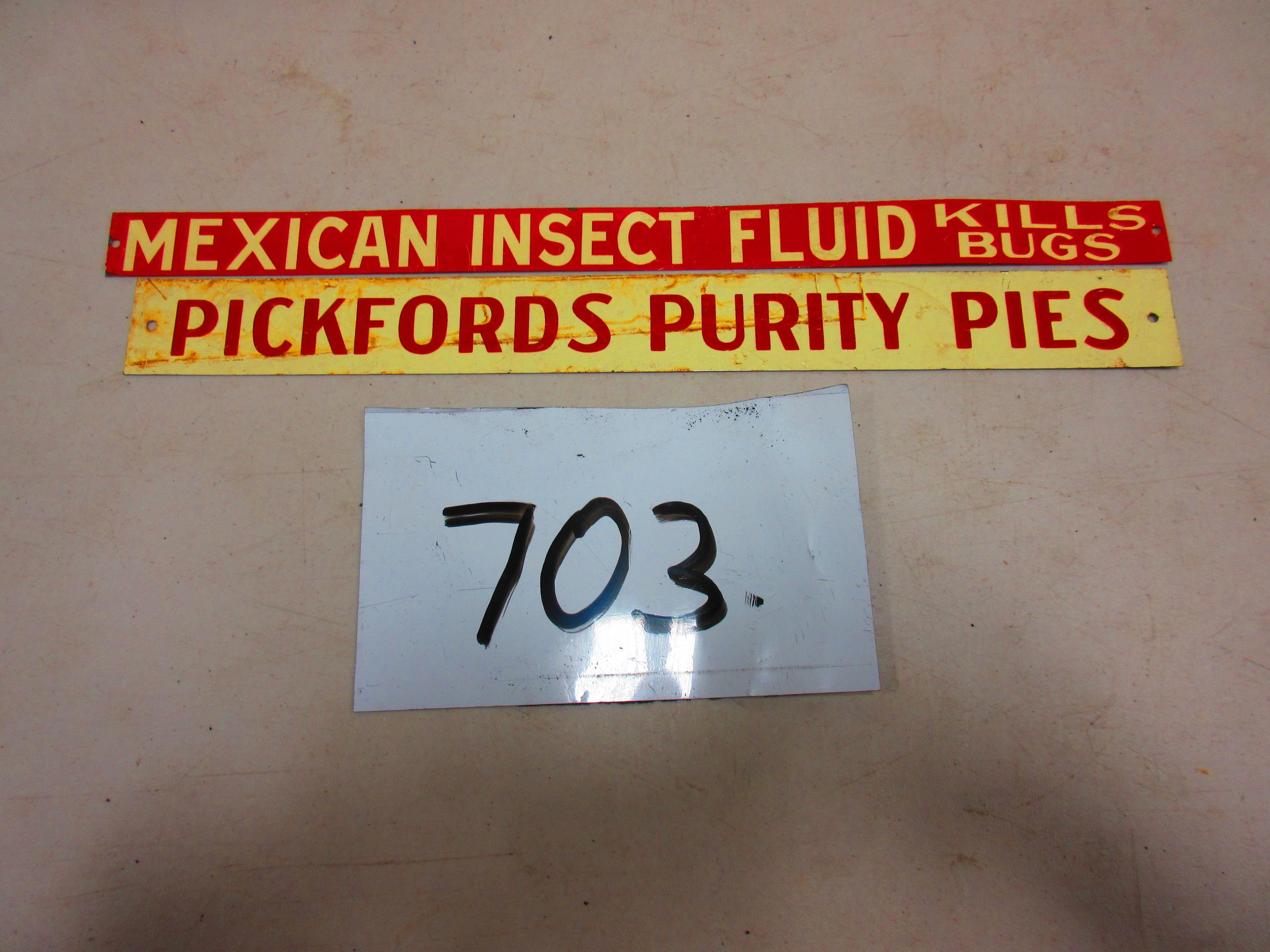 2 SMALL SHELF SIGNS S.S.T PICKFORDS PIES & MEXICAN INSECT FLUIDS