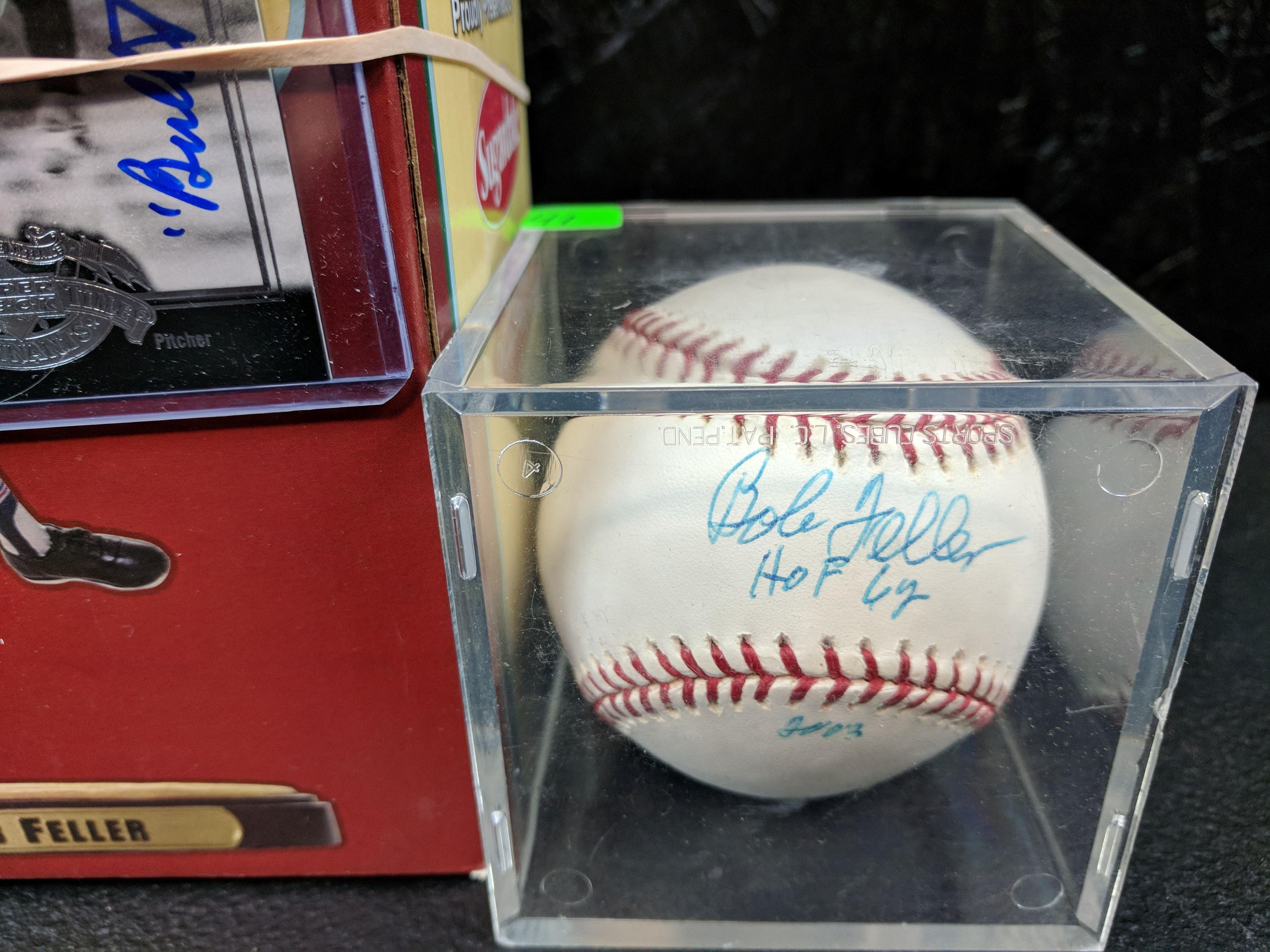Bob Feller group: MLB ball GPS cert aqua ink sweet spot, signed card "Rapid Robert", bobble
