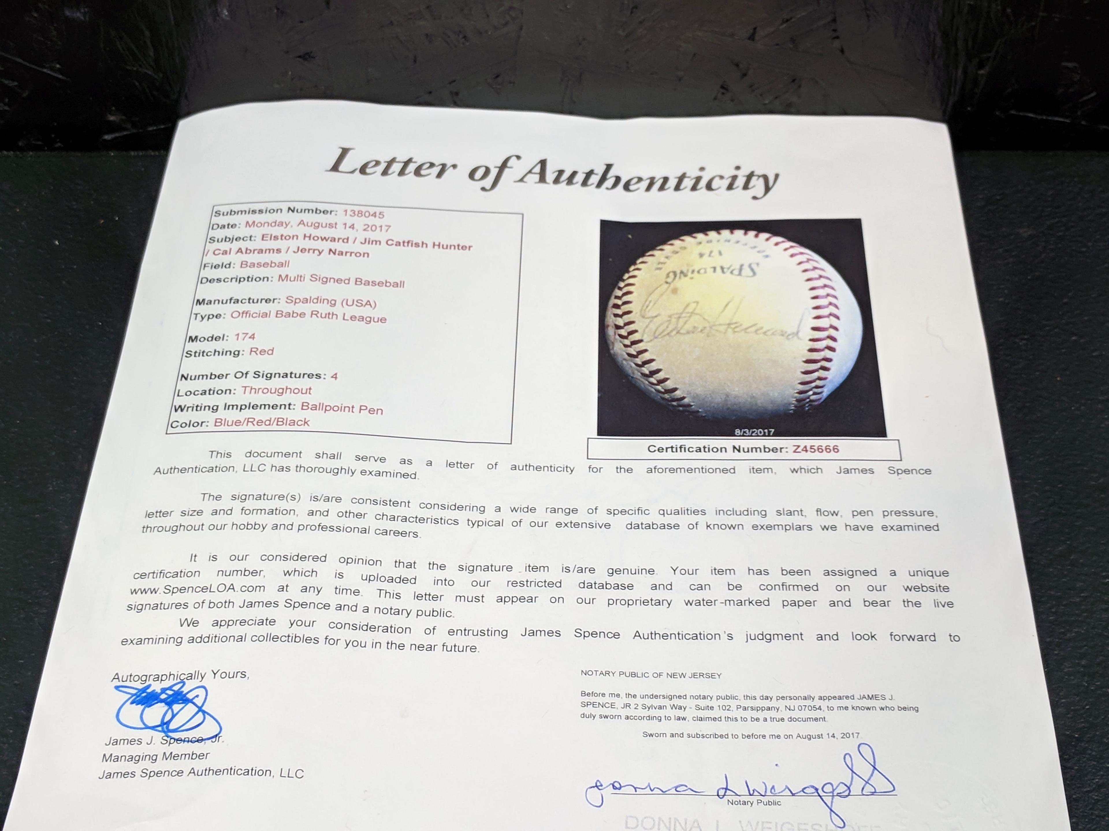 Elston Howard and Jim Catfish Hunter plus others on Spalding Ruth baseball, full JSA letter Elston i
