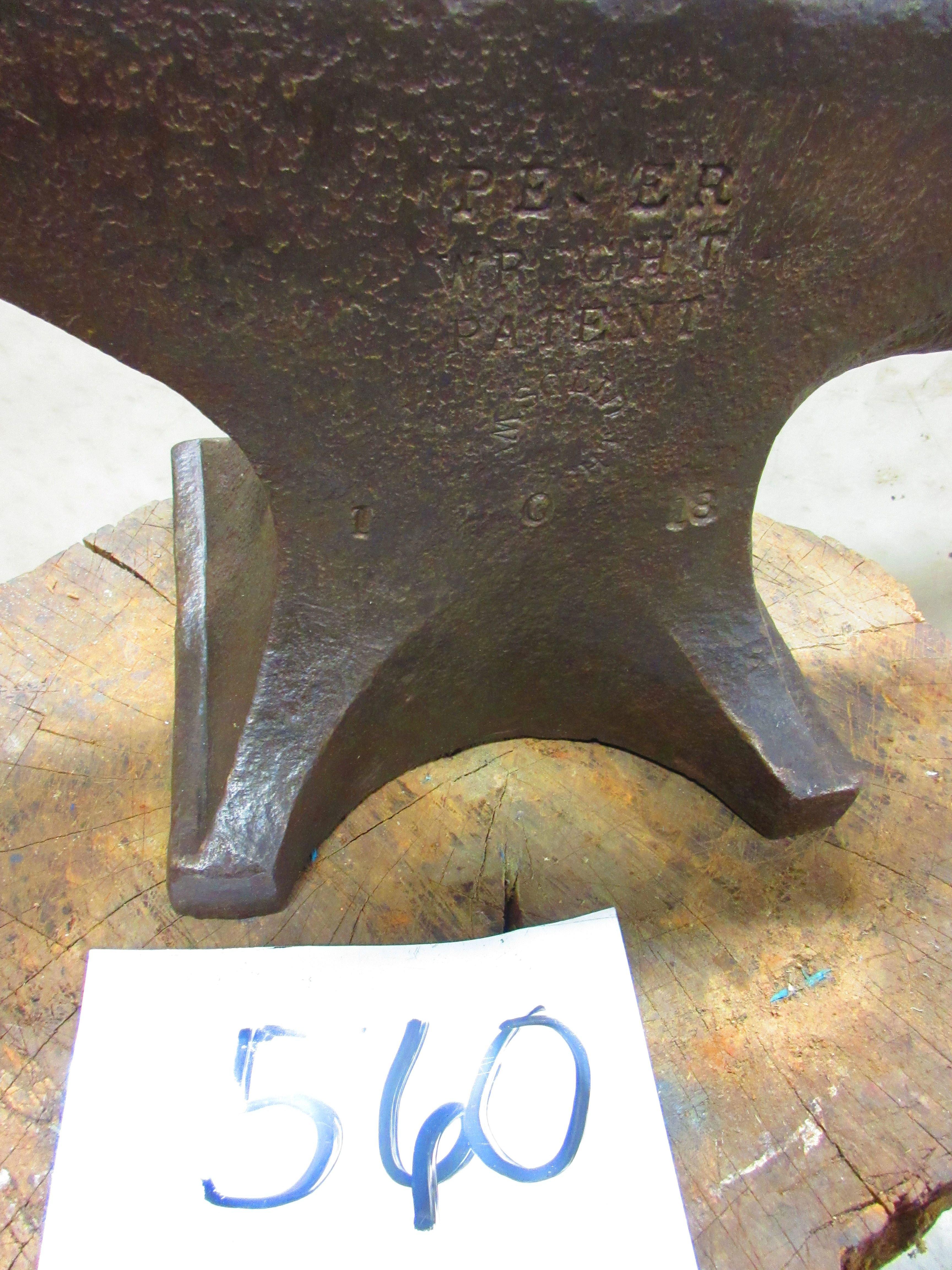 128 LB. PETER WRIGHT ANVIL MARKED 1--0---18-- WELL MARKED NICE CLEAN PIECE SLIGHT ROUNDING ON 1 EDGE