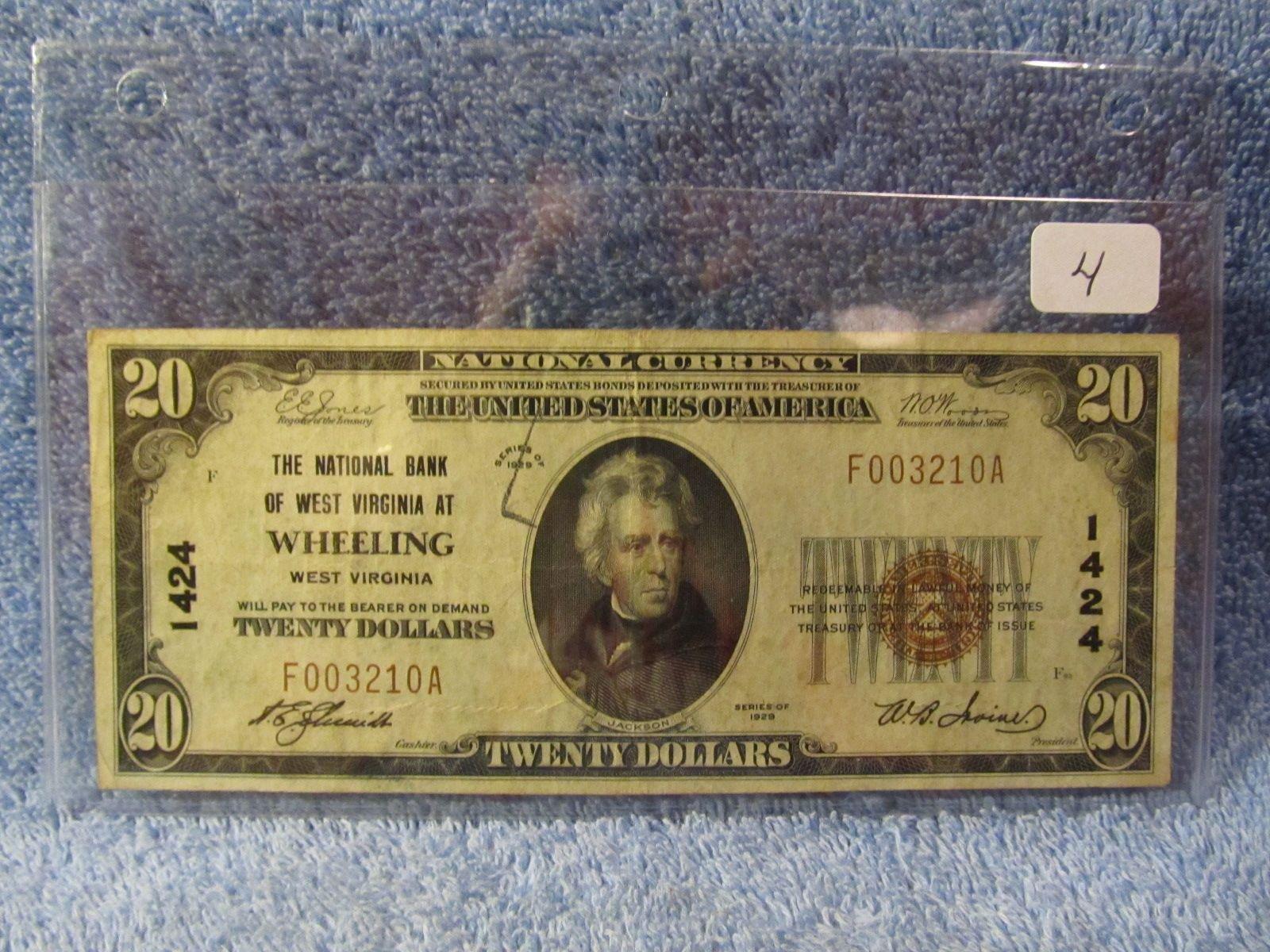 1929 $20. NATIONAL CURRENCY NOTE WHEELING, WV. AU
