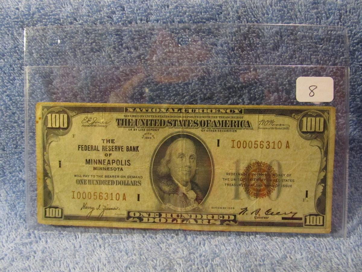 1929 $100. NATIONAL CURRENCY NOTE MINNEAPOLIS, MN.