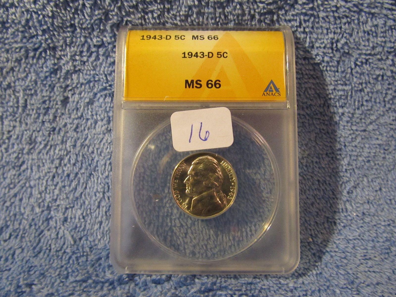 1943D JEFFERSON WAR NICKEL ANACS MS66