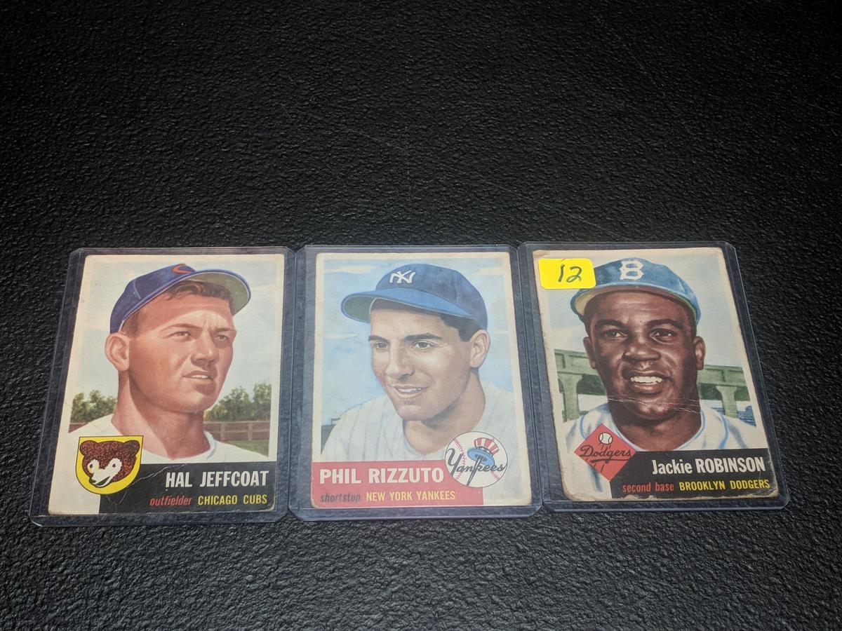 1953 Topps baseball: Jackie Robinson (poor to fair), Phil Rizzuto (fair to good), Hal Jeffcot (good)