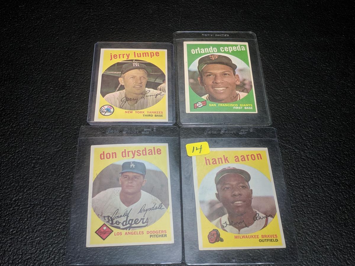 1959 Topps baseball: Aaron (near mint), Don Drysdale (near mint), Orlando Cepeda( VG+), Jerry Lumpe