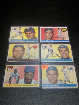 1955 Topps baseball off condition lot: Berra, Banks, Rizzuto, Kaline, Hodges, Sain (VG).