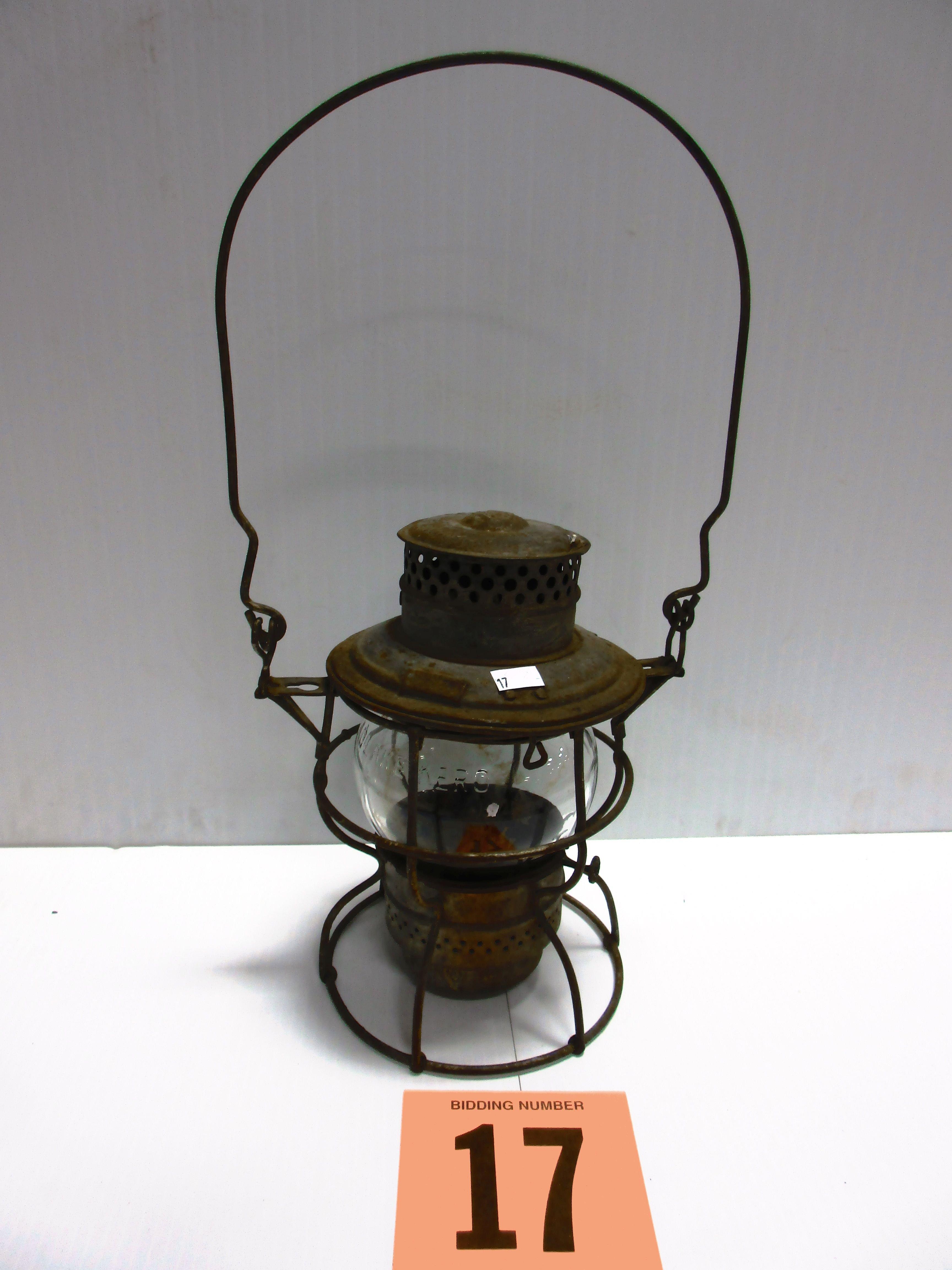 P.R.R. LANTERN WITH SHORT CLEAR ADLAKE GLOBE