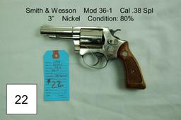 Smith & Wesson    Mod 36-1    Cal .38 Spl    3”    Nickel    Condition: 80%