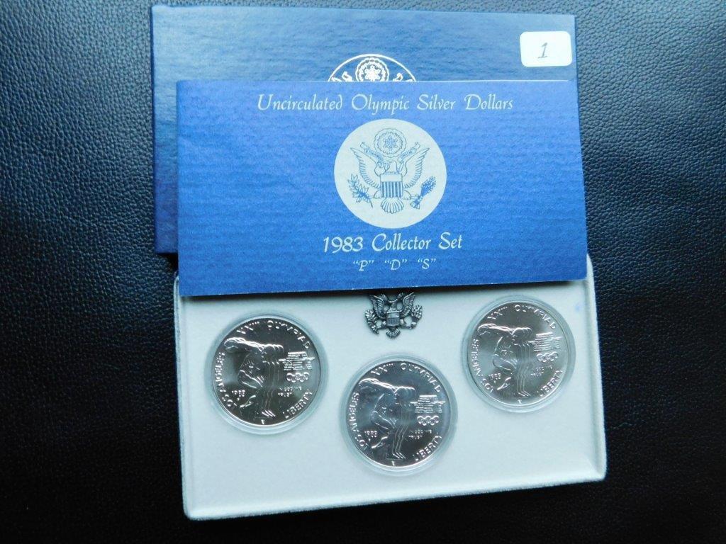 1983 U.S. OLYMPIC 3-PIECE SILVER DOLLAR SET IN HOLDER BU