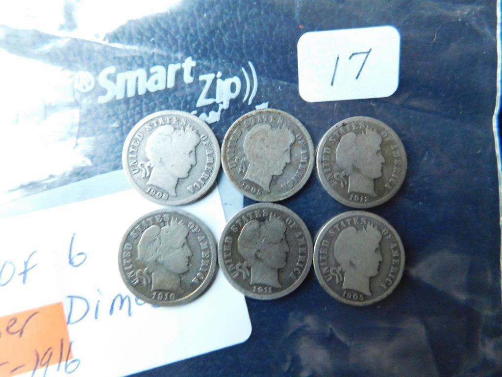 6 BARBER DIMES 1905-1916 G