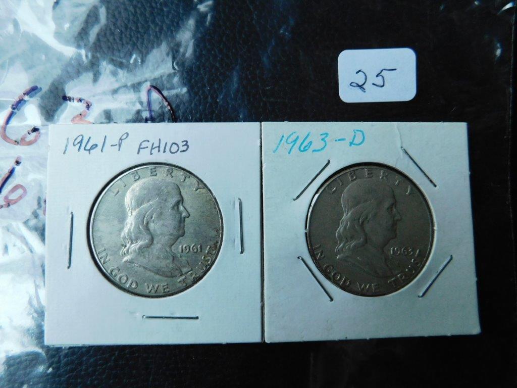 1961,1963D, FRANKLIN HALVES (2-COINS) AU