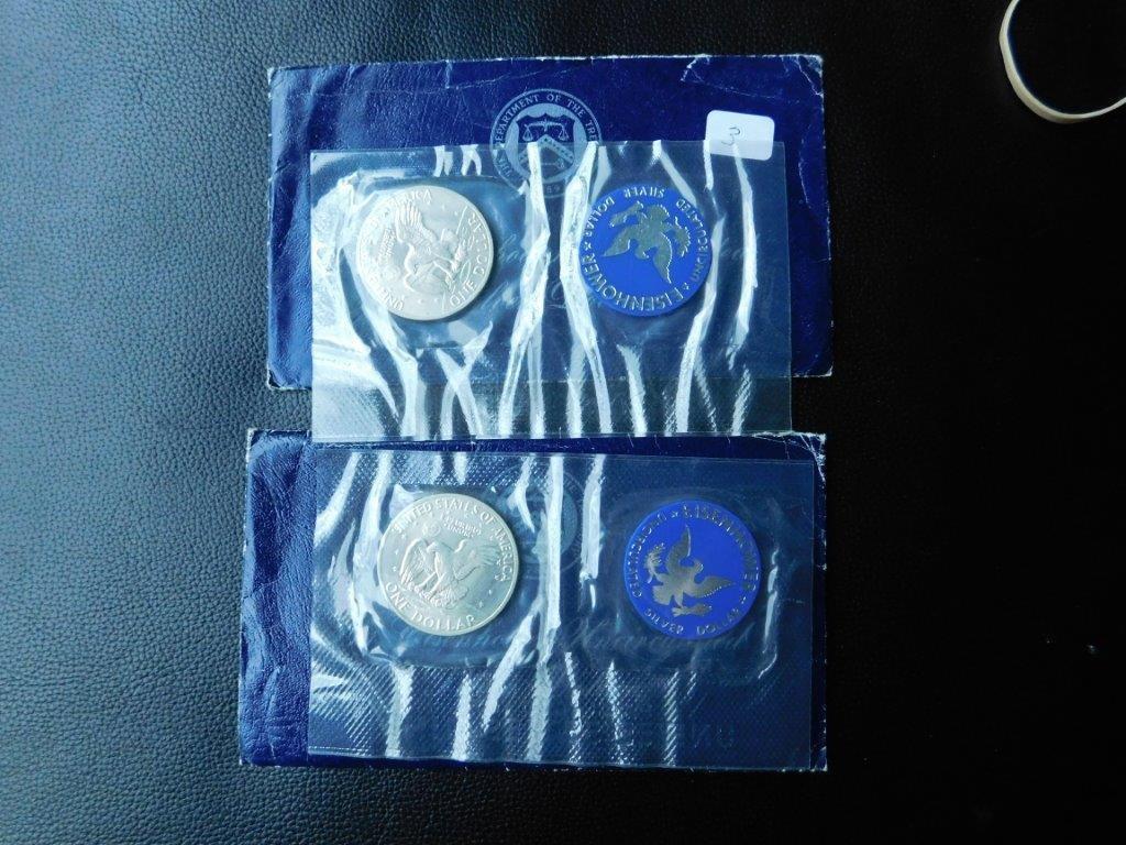 2-1971 SILVER IKE DOLLARS IN BLUE ENVELOPES BU