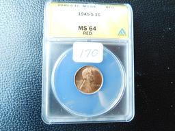 1945S LINCOLN CENT ANACS MS64 RED