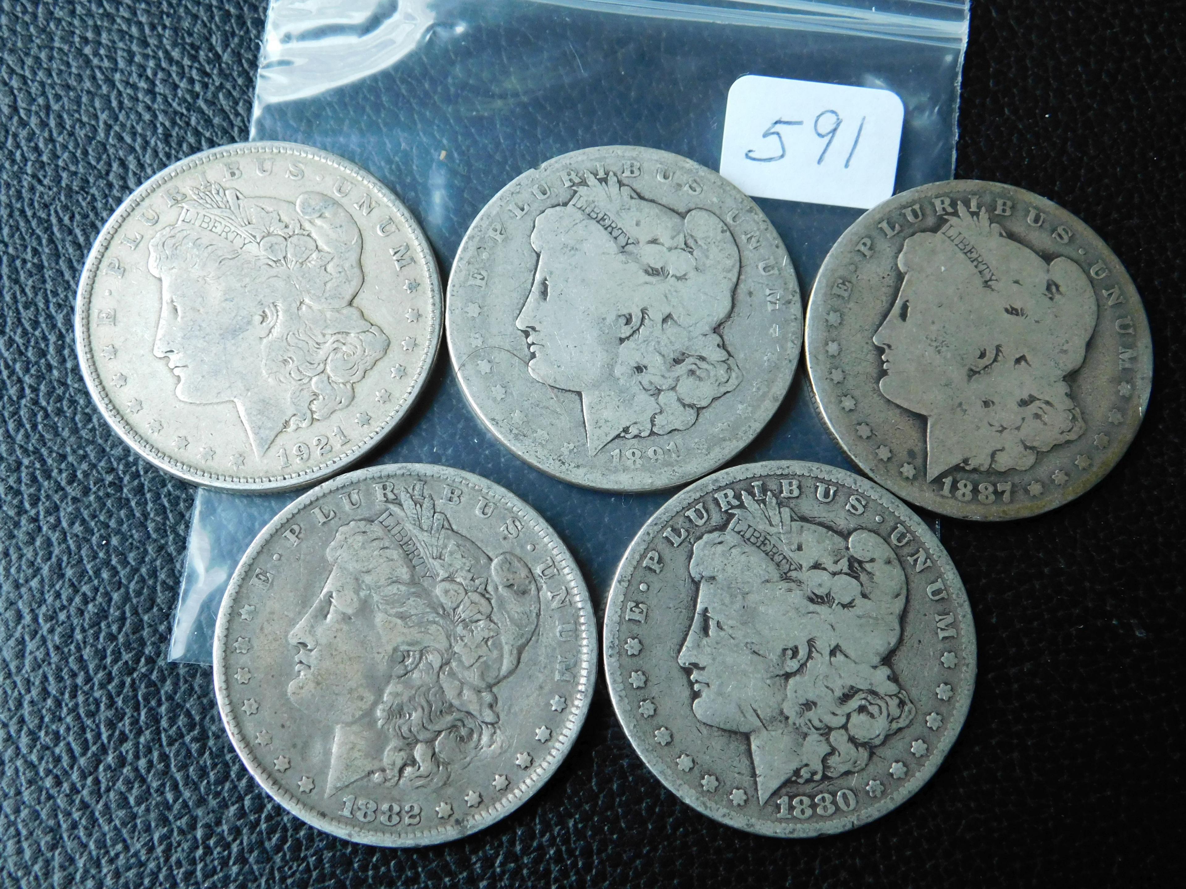 5 DIFFERENT MORGAN DOLLARS 1880-1921S
