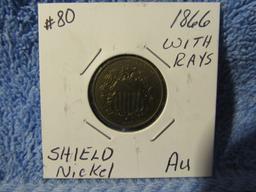 1866 WITH RAYS SHIELD NICKEL RARE AU