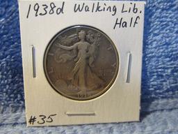 1938D WALKING LIBERTY HALF (A SEMI KEY) VF+