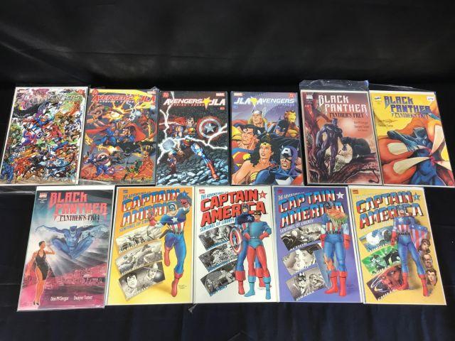 11 comic books including captain America, black panthers, JLA