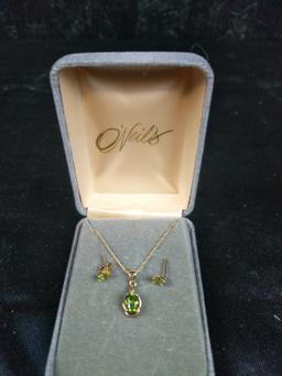 Ladies Peridot stone pendant and earrings -14 karat yellow gold