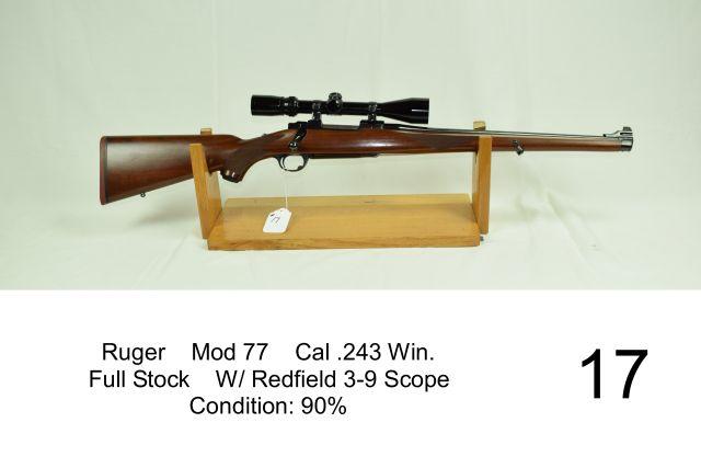 Ruger    Mod 77    Cal .243 Win.    Full Stock    W/ Redfield 3-9 Scope    Condition: 90%