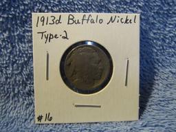 1913D TYPE-2 BUFFALO NICKEL (A TOUGH DATE) VF