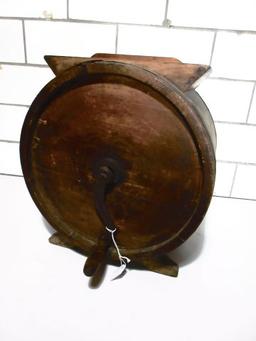 EARLY WOODEN BUTTER CHURN NICE PRIMITIVE PIECE WITH GRAPICS OF COW ON SIDE