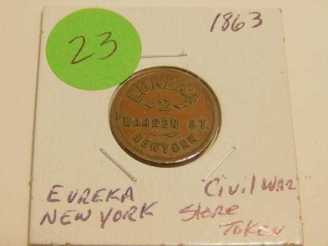 1863 CIVIL WAR STORE TOKEN EUREKA WARREN ST. N.Y.