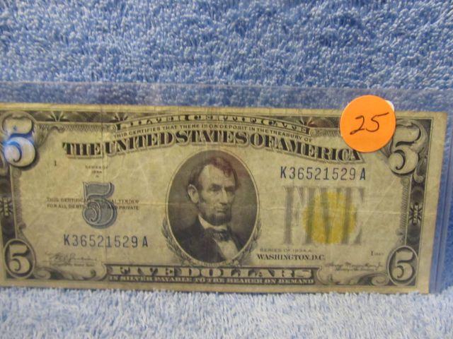 1934A $5. SILVER CERTIFICATE NORTH AFRICA NOTE F