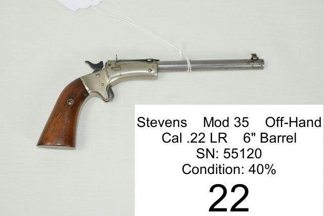 Stevens    Mod 35    Off-Hand    Cal .22 LR    6" Barrel    SN: 55120    Condition: 40%