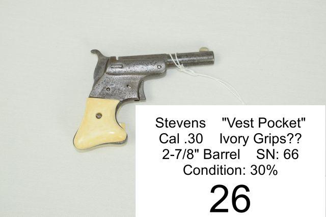 Stevens    "Vest Pocket"    Cal .30    Ivory Grips??    2?" Barrel    SN: 66    Condition: 30%