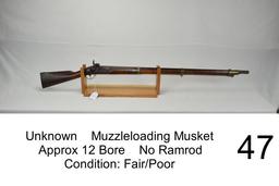 Unknown    Muzzleloading Musket    Aprox 12 Bore    No Ramrod    Condition: Fair/Poor