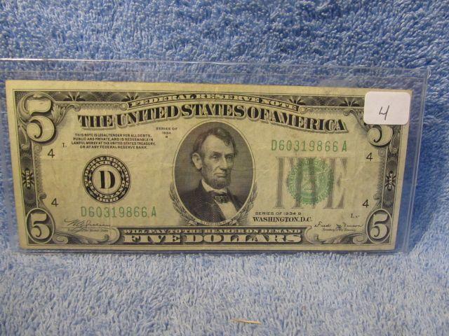 1934B $5. FEDERAL RESERVE NOTE CLEVELAND, OH. XF
