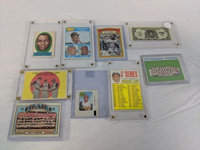 Clemente lot of 9 items: all Topps cards. Including: 1962 Baseball Bucks
