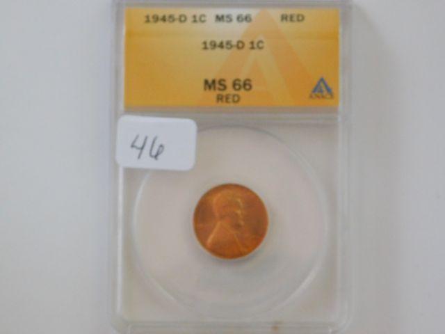 1945D LINCOLN CENT ANACS MS66 RED