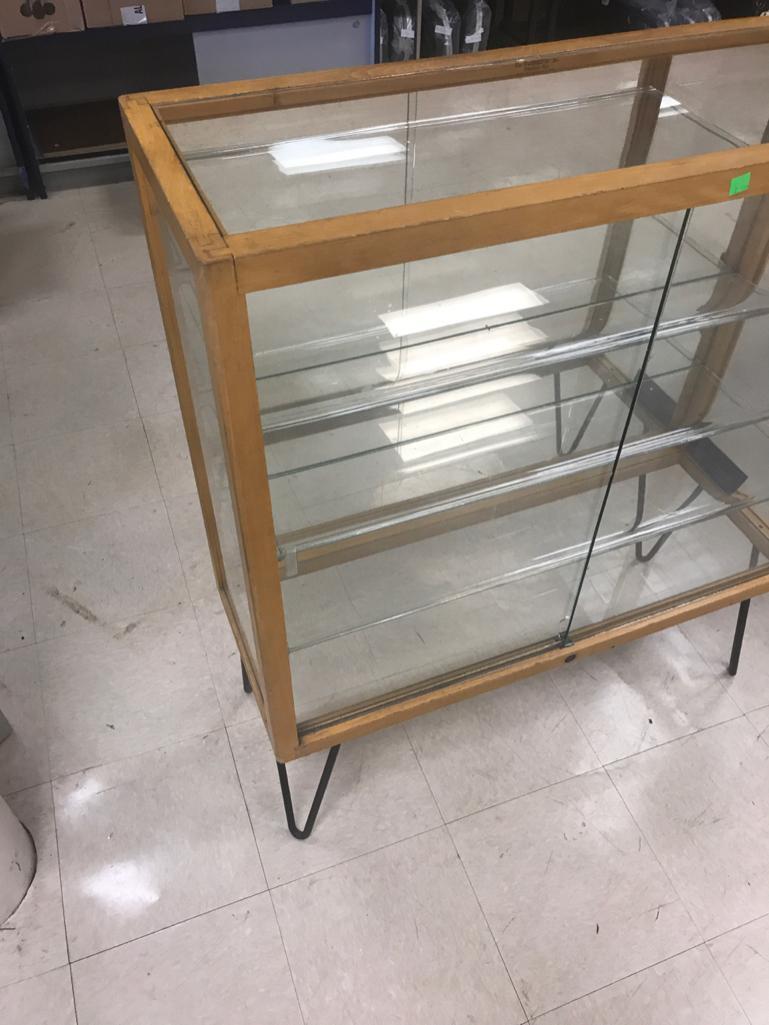 Smaller Glass Display Case with glass shelves, 36 inches wide, 14 inches deep, 42 inches tall