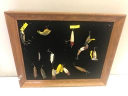 Assorted Vintage Fishing Lures, on felt frame