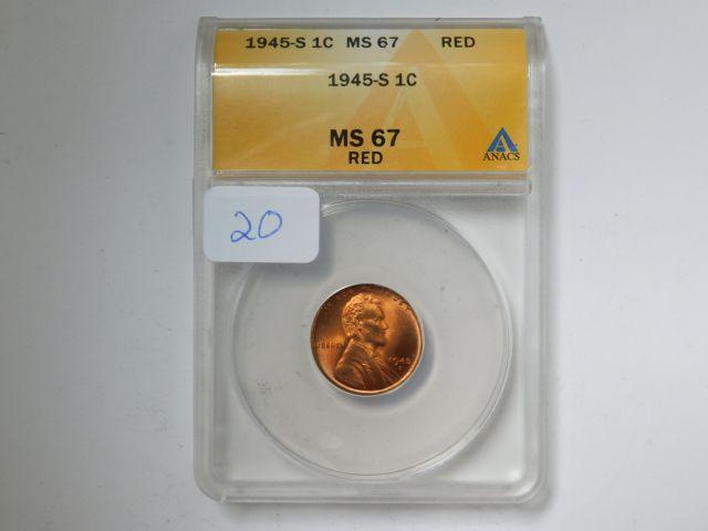 1945S LINCOLN CENT ANACS MS67 RED GREYSHEET $55.