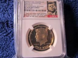 2014W GOLD HIGH RELIEF KENNEDY HALF NGC PF70 ULTRA CAMEO
