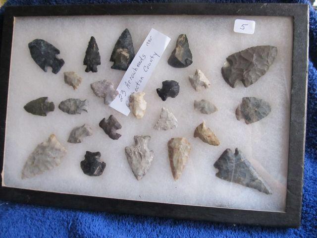 FRAME W/ 23 NATIVE AMERICAN ARTIFACTS FOUND IN COSHOCTON CO. OH. LARGEST 2
