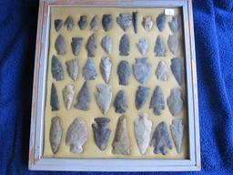 FRAME W/41 NATIVE AMERCIAN ARTIFACTS FOUND IN OHIO LARGEST 3"